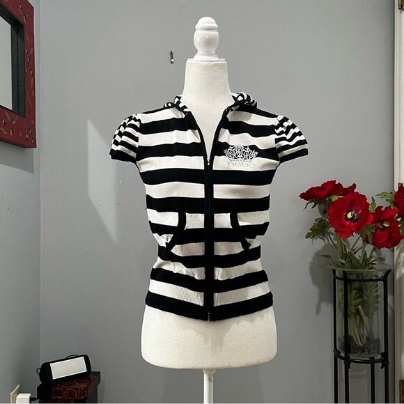 Bebe Silk Striped Y2K Bling Crown Rhinestone Athleisure Zipper Hoodie Sweater L - Picture 2 of 15